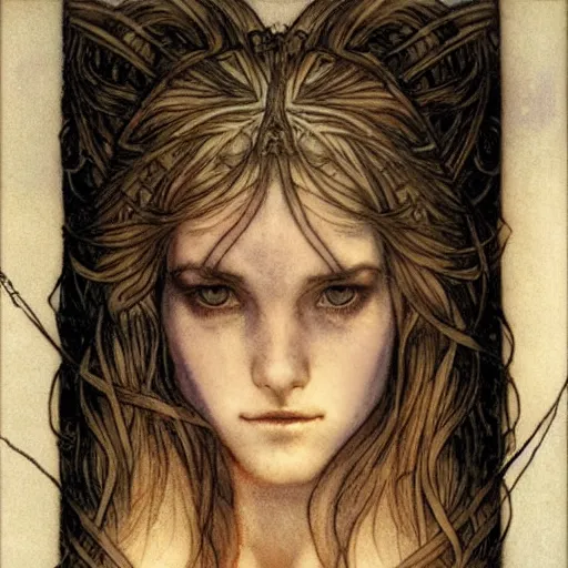 Image similar to Hermione in tattoos Extreamly beautiful Eyes Hypnotic Eyes Emotional Eyes by luis royo and Annie Swynnerton and Nicholas Roerich and jean delville glowing paper lanterns strong dramat