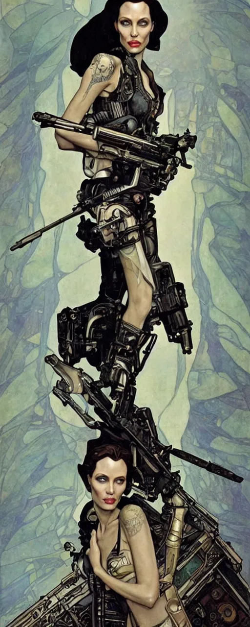 Image similar to beautiful stunning sci - fi art nouveau portrait of angelina jolie as an ironpunk rebel soldier by travis charest, moebius and alphonse mucha, photorealism, extremely hyperdetailed, perfect symmetrical facial features, perfect anatomy, ornate declotage, weapons, circuitry, high technical detail, determined expression, piercing gaze