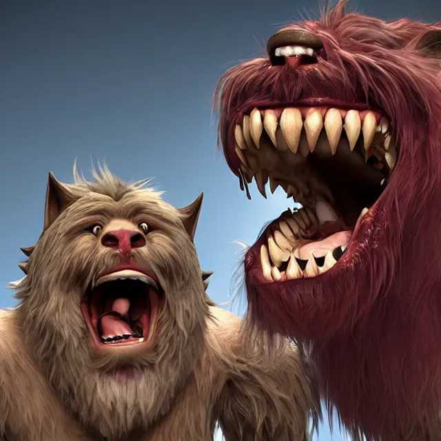 Prompt: perfectly centered portrait, happy hairy monster laughing, candid photography, by anne stokes, highly detailed, unreal engine 5