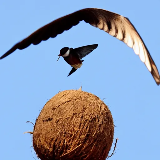 Image similar to photo of an african swallow mid flight carrying a coconut