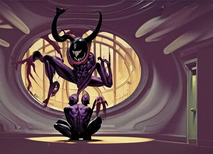 Prompt: a still from the film venom by francis bacon, surreal, soft purple, norman rockwell and james jean, greg hildebrandt, and mark brooks, triadic color scheme, by greg rutkowski, in the style of francis bacon and syd mead and edward hopper and norman rockwell and beksinski, dark surrealism, open ceiling