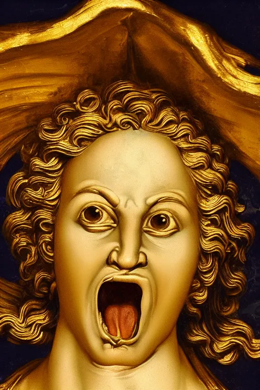 Image similar to archangel Michael, screaming face, closeup, ultra detailed, made in gold, Guido Reni style