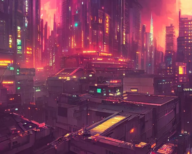 Prompt: panoramic view of a cyberpunk city at night, bokeh lights, anime, ilya kuvshinov, guweiz, greg rutkowski, concept art, digital painting, cinematic, extreme detail, expansive