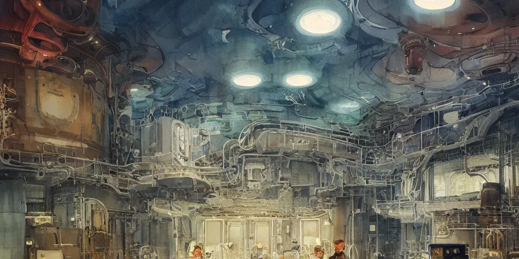 Prompt: a beautiful insanely intricate watercolor illustration of modern nuclear power station control room, reflexions, colorfull, by william turner art, by greg rutkowski, by james jean, by rossdraws, by frank franzzeta, by sakimichan, by edmund dulac, trending on artstation, insanely detailed, masterpiece,