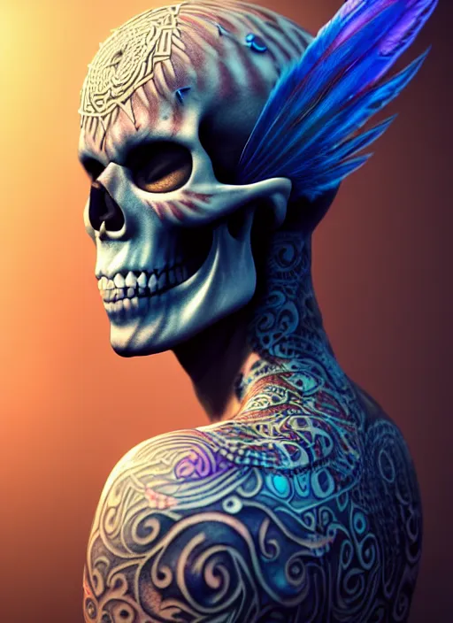 Image similar to 3 d shaman with tattoos profile portrait, sigma 5 0 0 mm f / 5. beautiful intricate highly detailed skull and feathers and hairs and tattoos. bioluminescent, plasma, frost, water, wind, creature, gradient background, thunderstorm! artwork by tooth wu and wlop and beeple and greg rutkowski, 8 k trending on artstation,