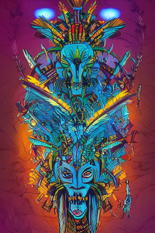 Image similar to totem animal tribal chaman vodoo mask feather gemstone plant wood rock video game illustration vivid color borderlands by josan gonzales and dan mumford radiating a glowing aura