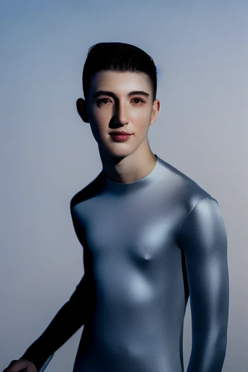 Image similar to un ultra high definition studio quality photographic art portrait of a young man standing on the rooftop of a british apartment building wearing soft padded silver pearlescent clothing. three point light. extremely detailed. golden ratio, ray tracing, volumetric light, shallow depth of field. set dressed.