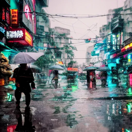 Prompt: cyberpunk ho chi minh city in the rain, time - lapse, photojournalism, wide angle, perspective, double - exposure, light, tones of black in background