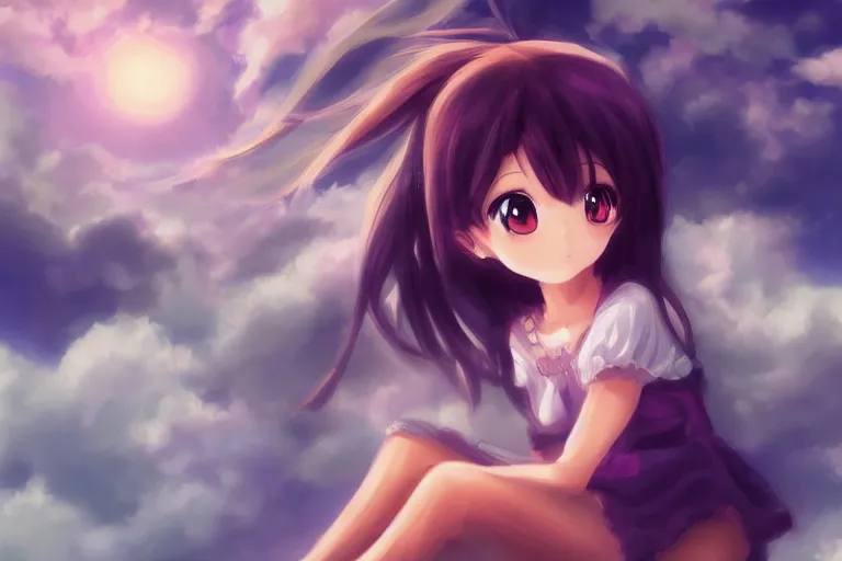 Prompt: a cute anime girl sitting on a cloud, digital painting, anime, portrait