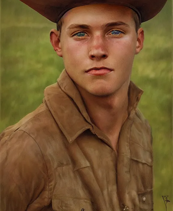 Prompt: portrait of a handsome young texas farm boy, art by denys tsiperko and bogdan rezunenko, hyperrealism