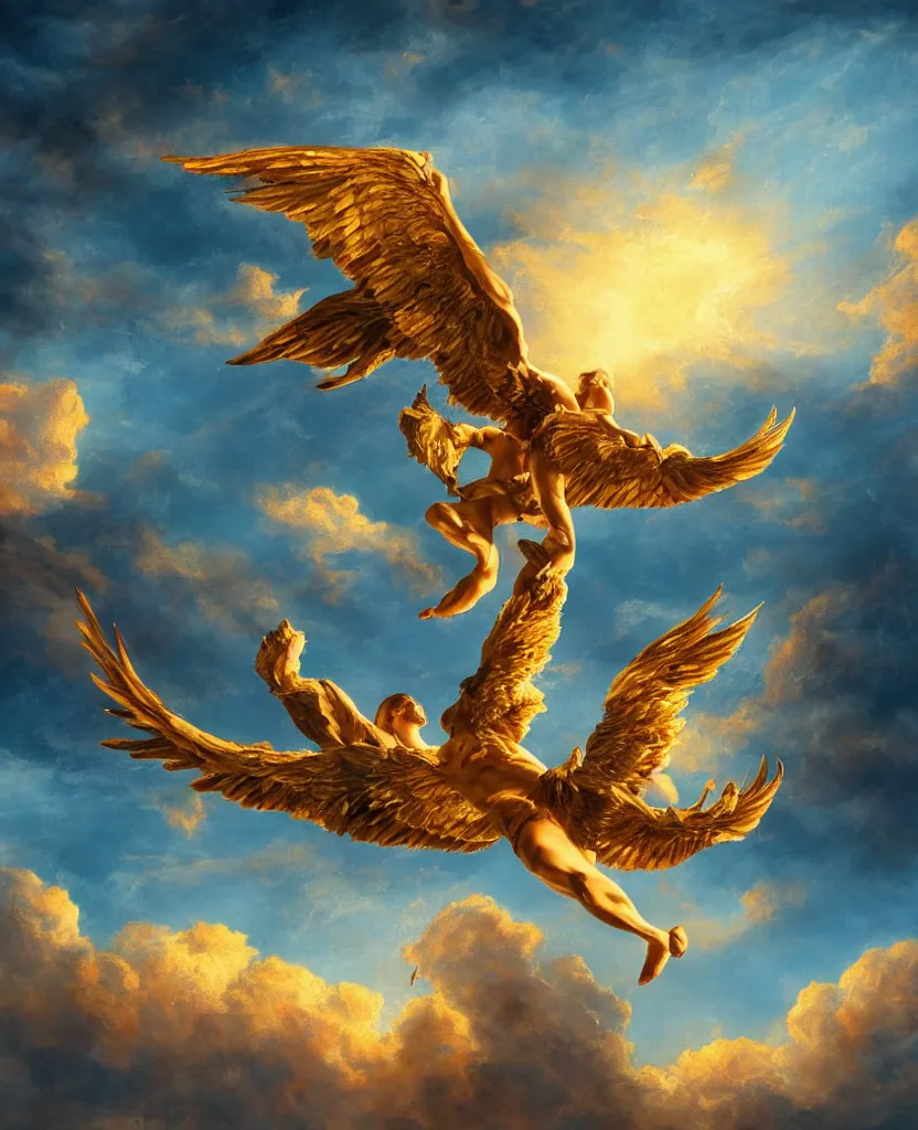 Image similar to icarus falling from the sky, golden big wing falling appart, dramatic, sunset clouds, tormented blue sea, extremely detailed, sharpness, rococo art style, soft colors, 8 k