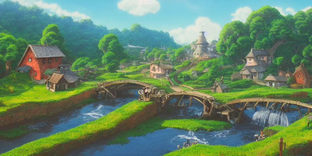Image similar to background matte painting miyazaki ghibli miyamoto anime pixar dreamworks, full frame, vista english countryside, quaint village waterwheel stream.