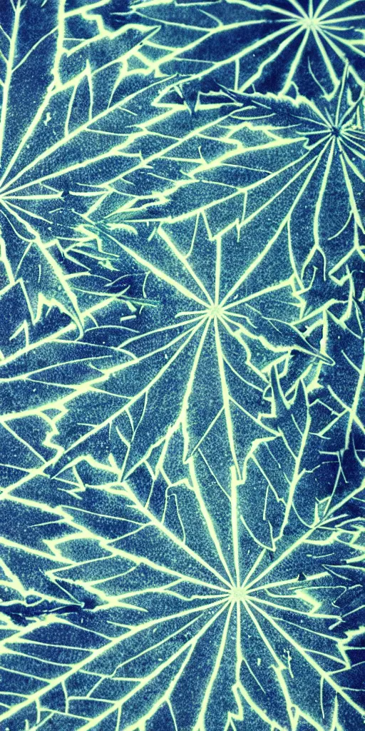 Prompt: cyanotype print of cannabis leaves