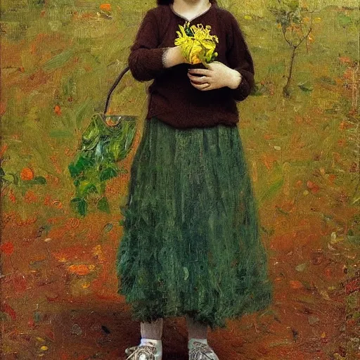 Image similar to Crying Greta Thunberg holding a green plant, impressionism, barren earth, gloomy colors, brown background, vivid attention to detail, by Greg Rutkowksi and Ilya Repin and Ander Duran