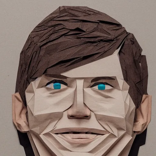 Image similar to a face of a man with wavey medium short hair made from layered paper, smiling, 2D, flat minimalistic, ambient light