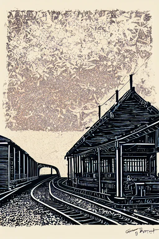 Image similar to a beautiful reduction linocut print on mulberry paper of a victorian station platform, 8 k, frostbite 3 engine, cryengine, dof, trending on artstation, digital art, crepuscular ray, by gail brodholt