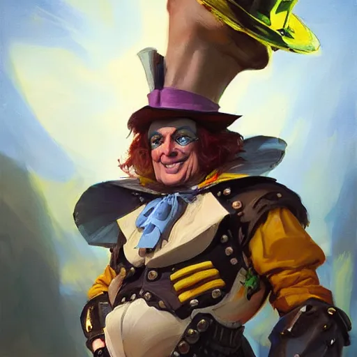 Image similar to greg manchess portrait painting of partially armored mad hatter from alice in wonderland as overwatch character, wacky, medium shot, asymmetrical, profile picture, organic painting, sunny day, matte painting, bold shapes, hard edges, street art, trending on artstation, by huang guangjian and gil elvgren and jesper ejsing