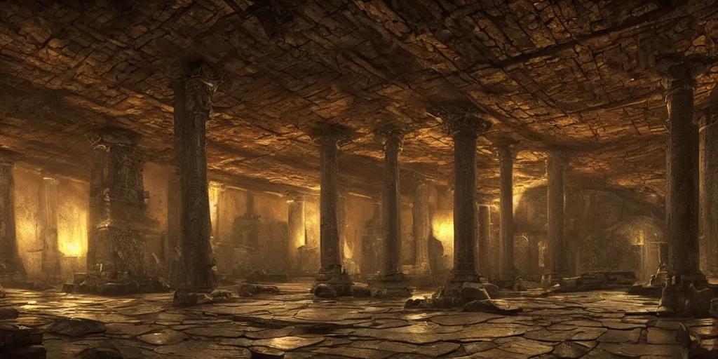 Image similar to a fantasy ruined dwarven hall interior in cave, huge columns, wet floors, high ceiling, dark moody lighting, foggy atmosphere, god rays, bright colors, matte painting by Dylan Cole and Denis Villeneuve, low angle view