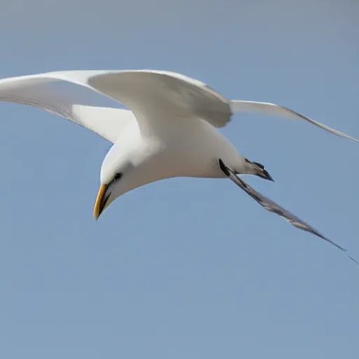 Prompt: snowy sheathbill flying in front of cape town photo realistic