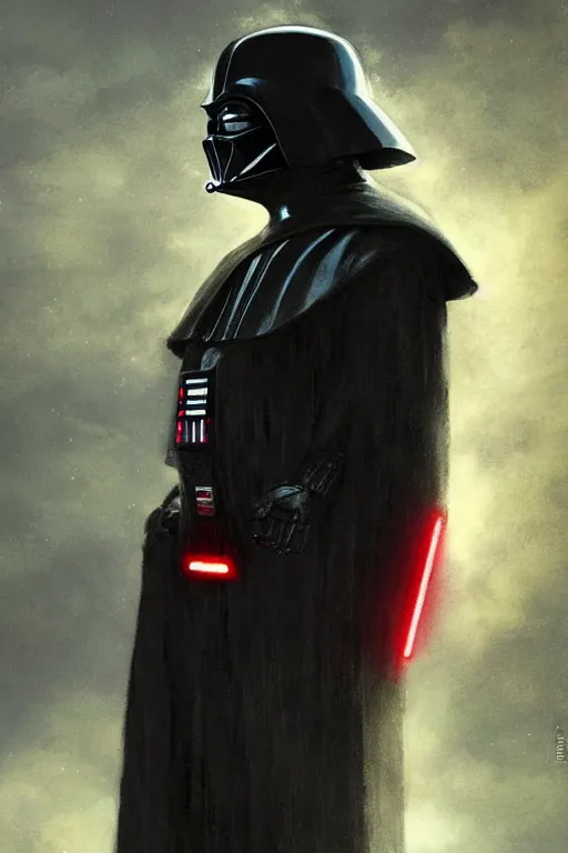 Prompt: darth vader from sideview with large shoulders, armor, ethereal horror fantasy art by greg rutkowski and magali villanueve and monet con