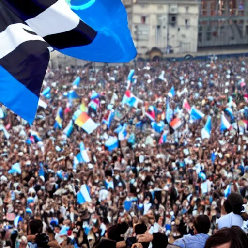 Image similar to Lady Gaga as president, Argentina presidential rally, Argentine flags behind, bokeh, giving a speech, detailed face, Argentina