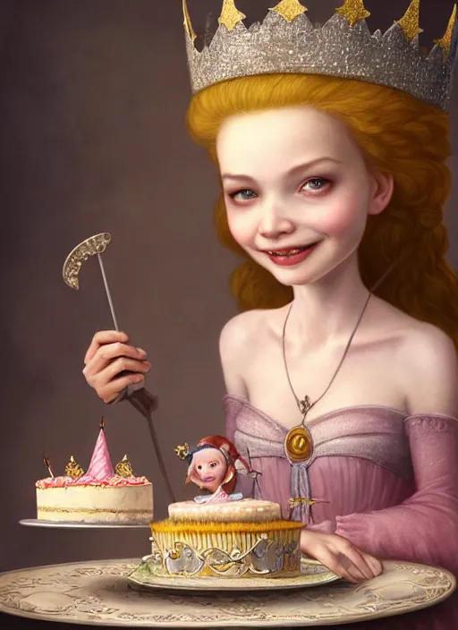 Image similar to highly detailed closeup portrait of a grinning fairytale medieval princess eating birthday cake, unreal engine, nicoletta ceccoli, mark ryden, lostfish, earl norem, global illumination, god rays, detailed and intricate environment