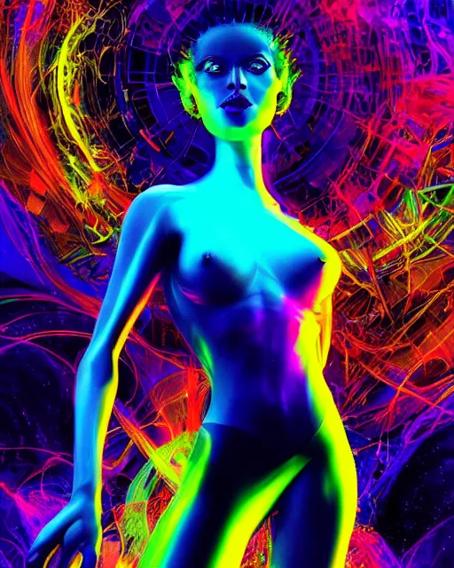 Image similar to a powerful energy psychedelic neon woman, by alexander fedosav, hyper detailed digital matte painting, concept art, hyperrealism, 1 6 k resolution, cinema 4 d, 8 k resolution, trending on artstation, behance hd, a masterpiece, by stephan martiniere, particles, cel - shaded, power bright neon energy, by david a. hardy,