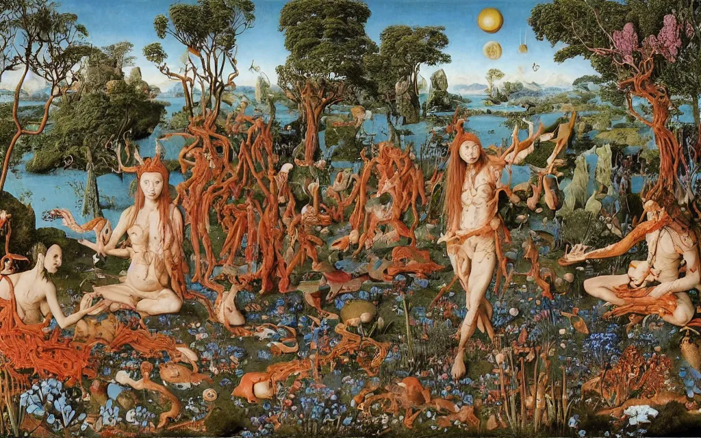 Prompt: a portrait photograph of a meditating centaur shaman and a flayed monk feeding mermaids at a wide river delta. surrounded by bulbous flowers, animals and a few trees. mountain range under a vast blue sky of burning stars. painted by jan van eyck, max ernst, ernst haeckel, ernst fuchs and artgerm, trending on cgsociety