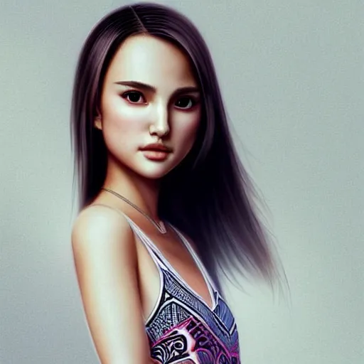 Prompt: a beautiful young japanese natalie portman alluring gravure model, wearing elegant designer tank top, elegant tank top with mesoamerican patterns, by wlop and ilya kuvshinov and artgerm and, aesthetic, gorgeous, stunning, alluring, attractive, artstation, deviantart, pinterest, digital art