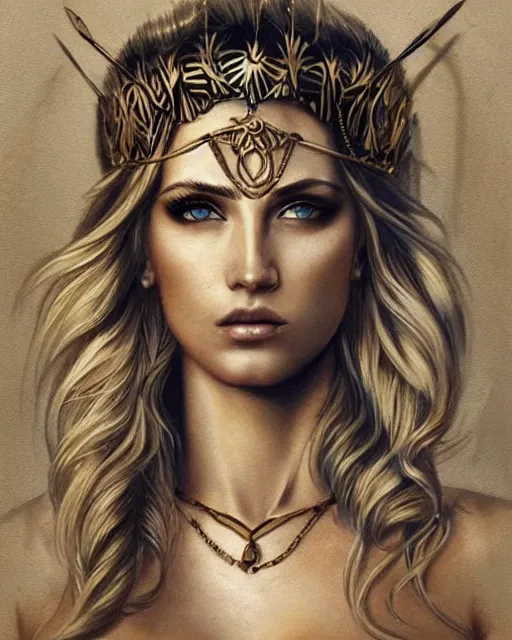 Image similar to tattoo design sketch of hot blonde super model as aphrodite greek goddess wearing a gold laurel wreath and triangle earrings, beautiful piercing gaze with sharp pupils, in the style of greg rutkowski, fantasy, amazing detail, epic, elegant, smooth, sharp focus, front view