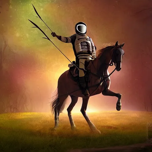 Image similar to arrows struck astronaut riding a horse in a fantasy forest, landscape, morning ambience, cinematic, digital art, front lit, epic, cinematic
