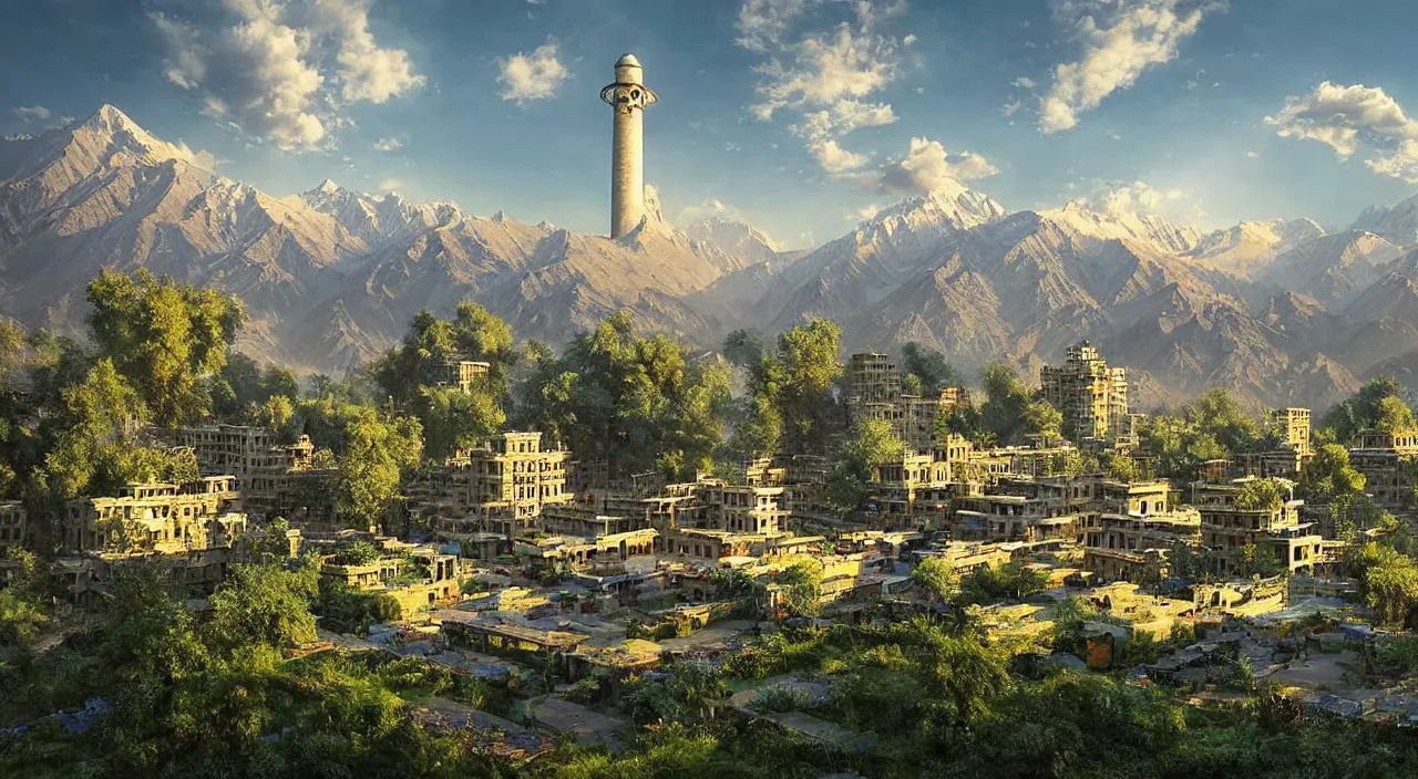 Image similar to retrofutristic city under kashmir mountains, khanqah - e - muala, little wood bridge, painting of tower ivy plant in marble late afternoon light, wispy clouds in a blue sky, by frank lloyd wright and greg rutkowski and ruan jia