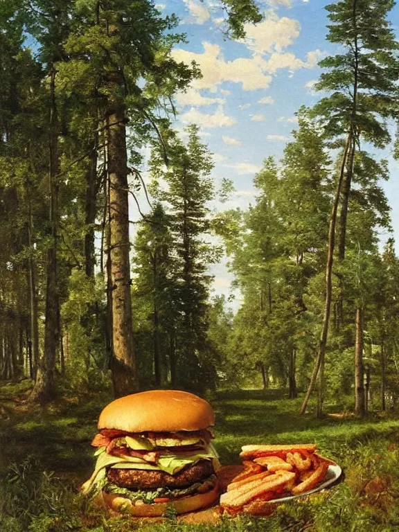 Image similar to Ivan Shishkin painting of a beautiful burger at forest, beautiful lighting, sunny, summer, painting Ivan Shishkin