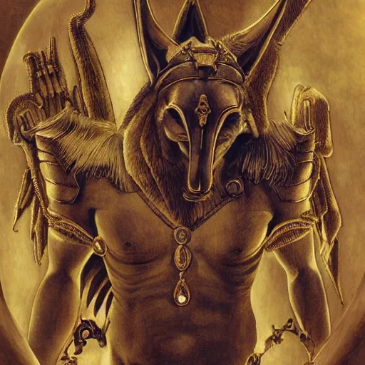 Image similar to realistic detailed face portrait and fully body poses of anubis in the underworld by emilia dziubak, will terry, greg olsen, chris mars, ann long, and mark brooks, fairytale, art nouveau, victorian, neo - gothic, character concept design, smooth, extremely sharp detail, finely tuned detail, story book design, storybook layout