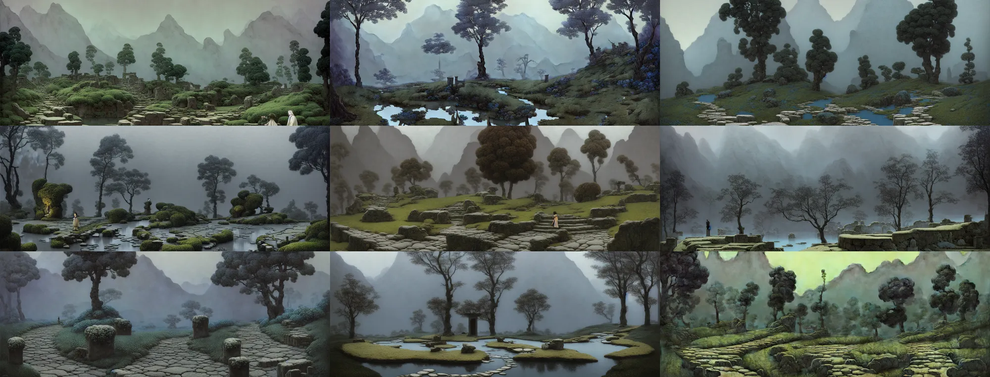 Image similar to a gorgeous bleak spring landscape painting by barlowe wayne maxfield parrish and marco mazzoni. rainy mood. china mountain village. lonely memorial ceremony. grey blue and very little light verdancy. the winding stone steps. ultra clear detailed. 3 d, octane render. turbulent blood lake. fog, 8 k