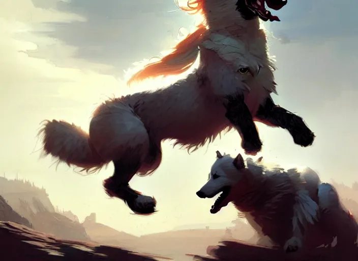 Image similar to comic book cover. heroic giant samoyed dog being ridden by a small young girl by greg rutkowski, trending on artstation