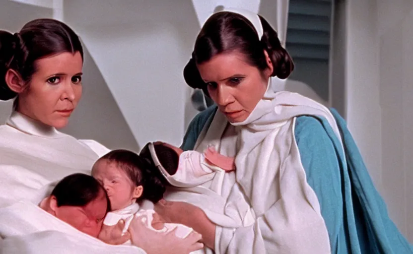 Image similar to screenshot of Princess Leia Organa holding a new born baby in a swaddle, Han Solo watches, iconic scene from 1970s film directed by by Stanley Kubrick, in a sci fi nursing home architecture, 4k HD sharp, cinematic still frame, photoreal, detailed face, moody lighting, stunning cinematography, anamorphic lenses, kodak color film stock