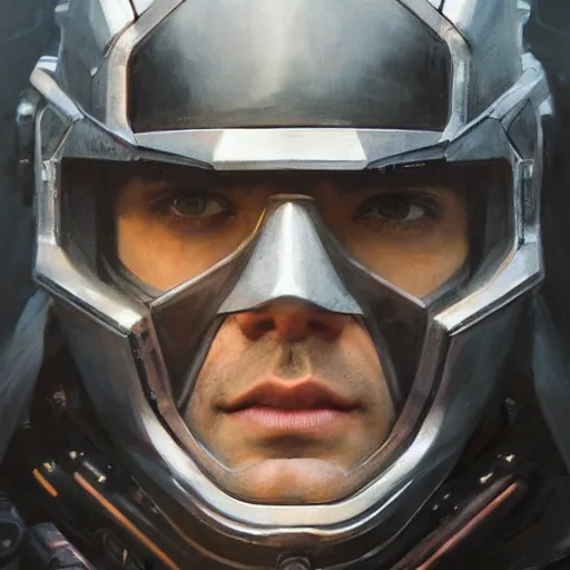 Prompt: henry cavill as a realistic scifi cyberpunk knight, closeup portrait art by donato giancola and greg rutkowski, realistic face, digital art, trending on artstation, skull helmet, symmetry!!!