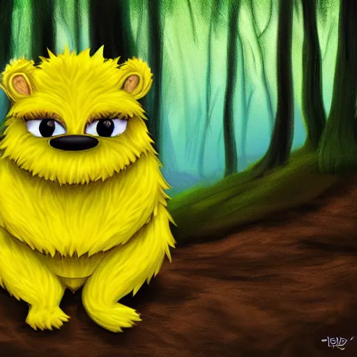 Image similar to A cute yellow furry monster in the forest, digital art