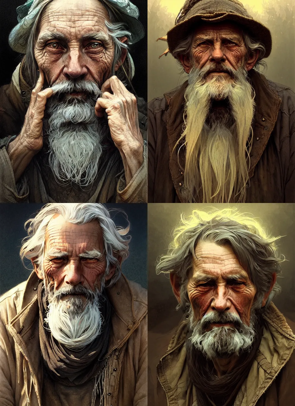 Prompt: a beautiful portrait of an old hobo, intricate, sharp focus, illustration, highly detailed, digital painting, concept art, matte, art by wlop and artgerm and greg rutkowski and alphonse mucha, masterpiece