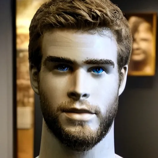 Image similar to “ a realistic detailed photo of a guy who is an attractive humanoid who is half robot and half humanoid, who is a male android, actor liam hemsworth, shiny skin, posing like a statue, blank stare, at the museum, on display ”