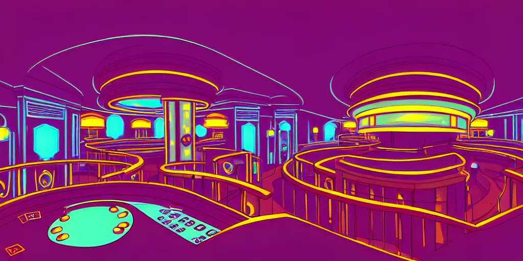 Prompt: minimalistic extreme wide angle curved perspective digital art of indoor top floor of a casino with a balcony to the ground floor by anton fadeev from ( nightmare before christmas )!!!!!!!!!!