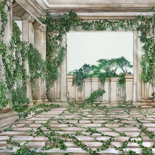 Image similar to delicate marble garden on paper floating puffy vines botanical herbarium botanic watercolors coastline iridescent 8 k wide angle realistic shaded fine details, artstation italian rainbow colonnade oak pinecone gardena architecture pompeii boundary wall