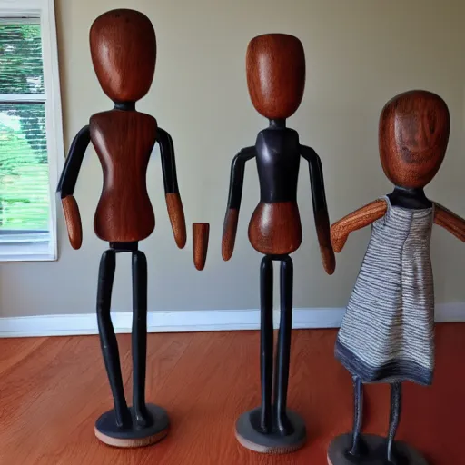 Image similar to a real estate home interior photo. a wooden mannequin family,