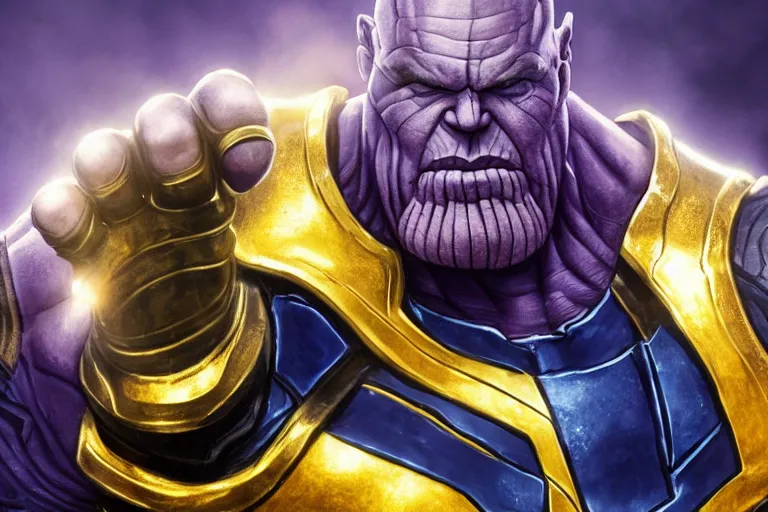 Image similar to Thanos wearing blue and gold armor grimacing while raising his clenched fist in the air, trending on Artstation, highly detailed, HD wallpaper, 4k, photorealistic, digital art