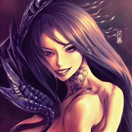 Image similar to judgement dragon, heroine, beautiful, playful smile, detailed portrait, intricate complexity, in the style of Artgerm, Kazuki Tanahashi, and Ross Tran, cel-shaded