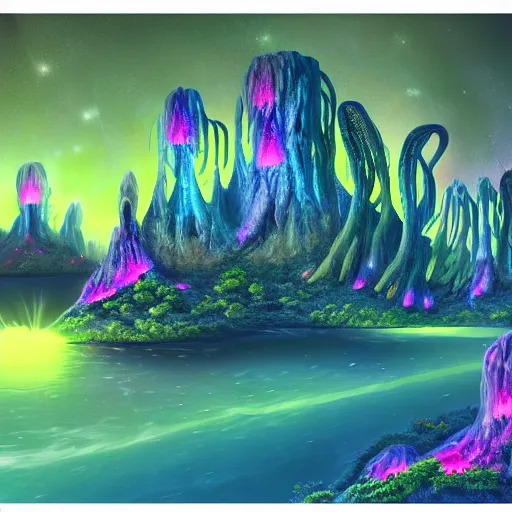 Prompt: airbrushed painting bioluminescent alien mountain landscape with strange glowing plants detailed with waterfalls and flowers and willow trees 4 k