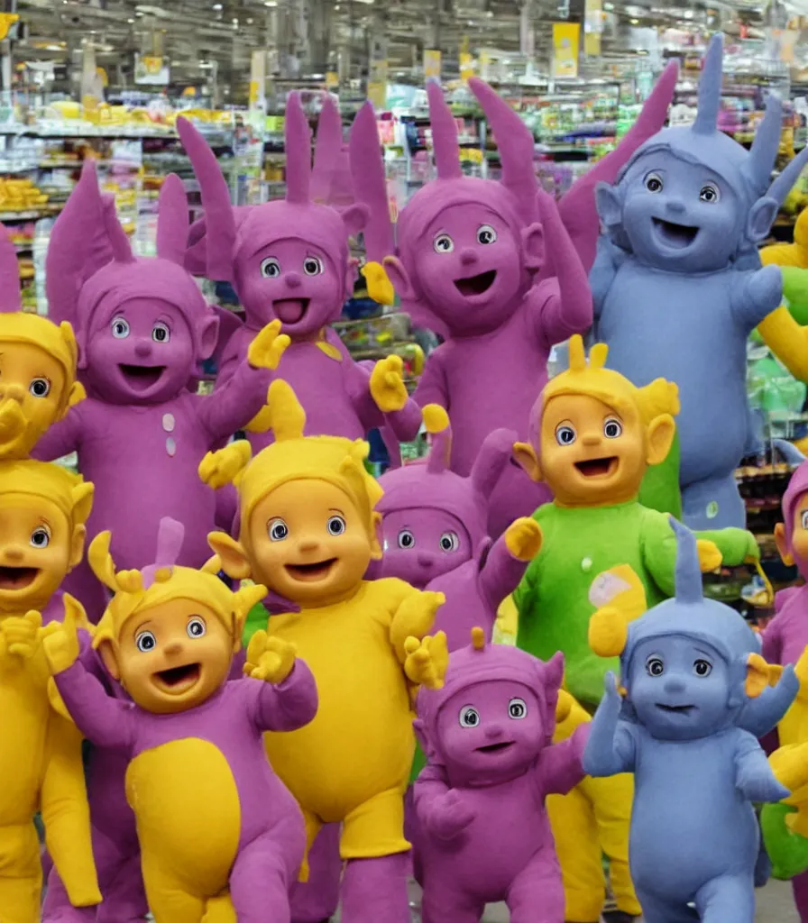 Image similar to teletubbies at tesco buying pasta