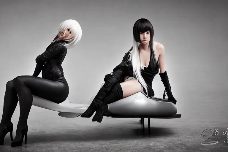 Image similar to Beautiful photograph of Yorha 2B sitting on a concept 1970s wedge car. 8k. Studio lighting.