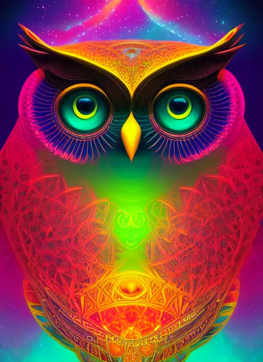 Image similar to symmetry!! product render poster vivid colors divine proportion owl, cosmos, glowing fog intricate, elegant, highly detailed, digital painting, artstation, concept art, smooth, sharp focus, illustration,